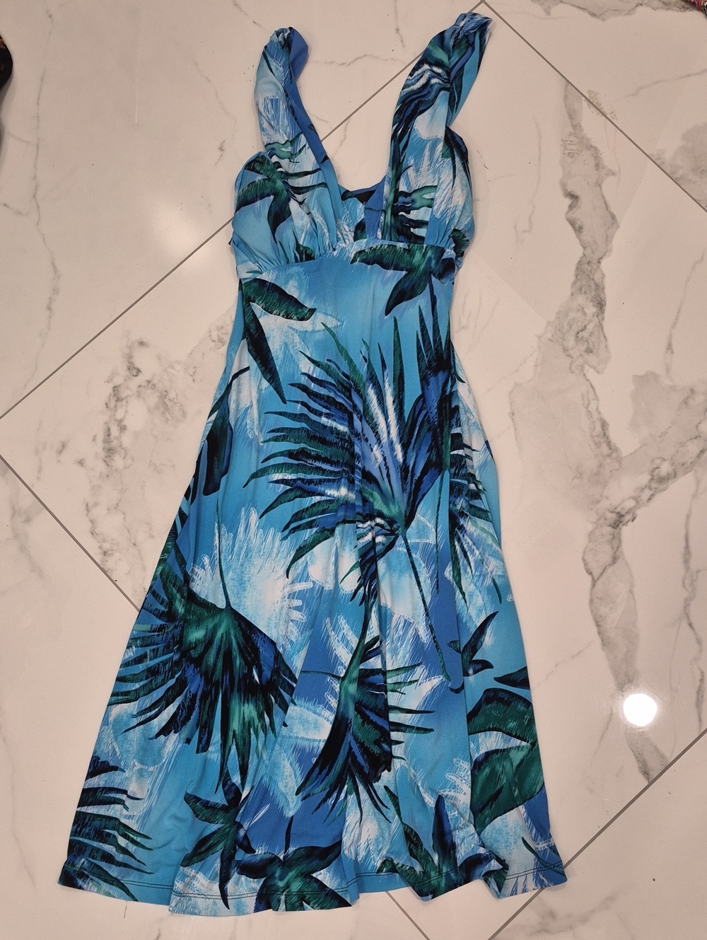 connected apparel Blue Tropical Midi Dress with Green Leaf Print